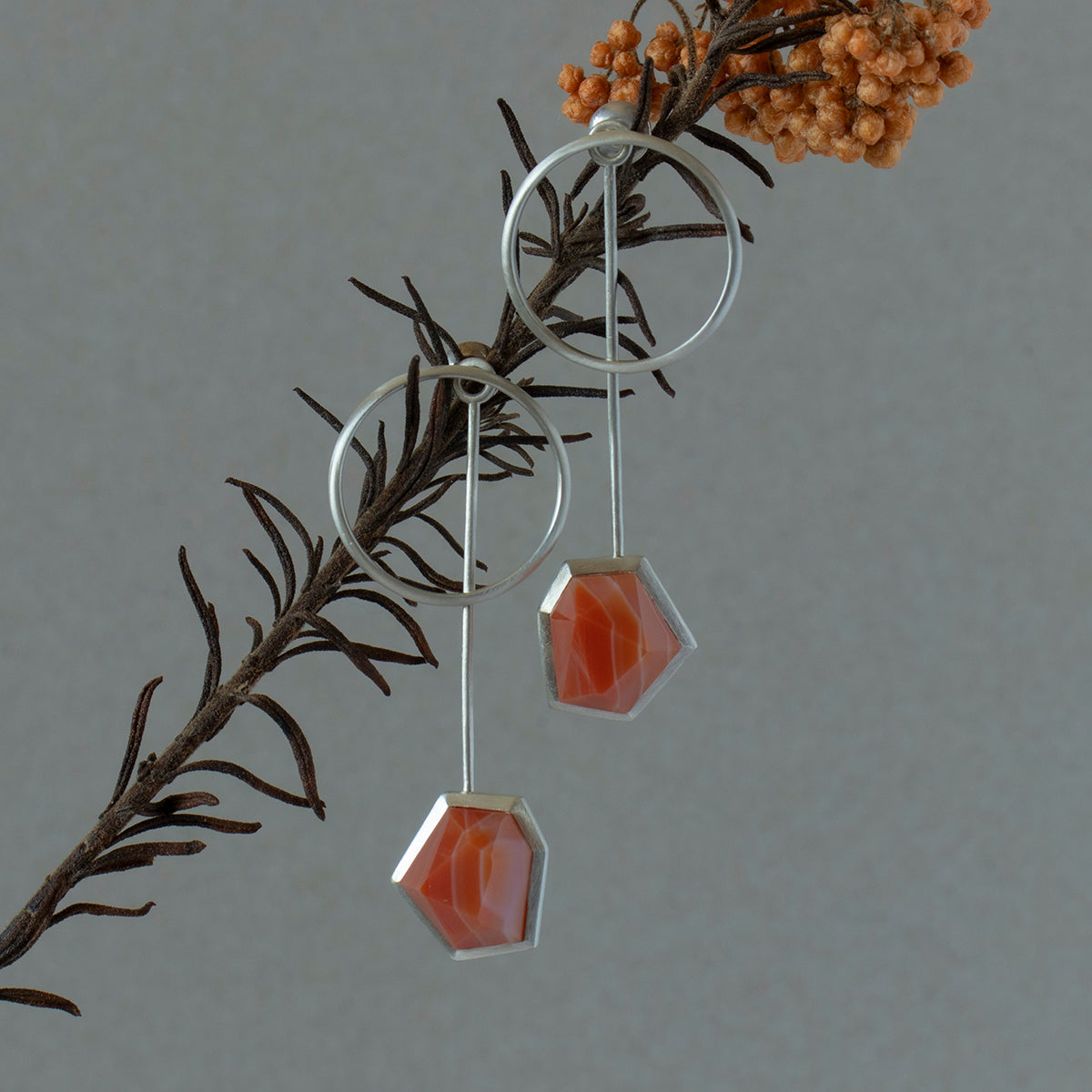 Striped agate Pierce /Silver matte _ Polygon #03