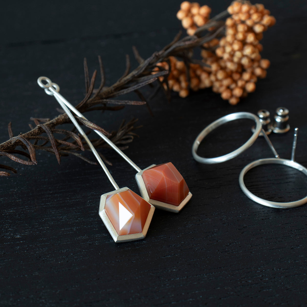 Striped agate Pierce /Silver matte _ Polygon #01