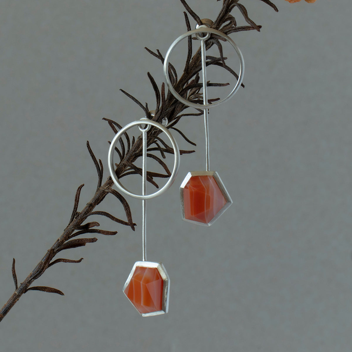 Striped agate Pierce /Silver matte _ Polygon #02