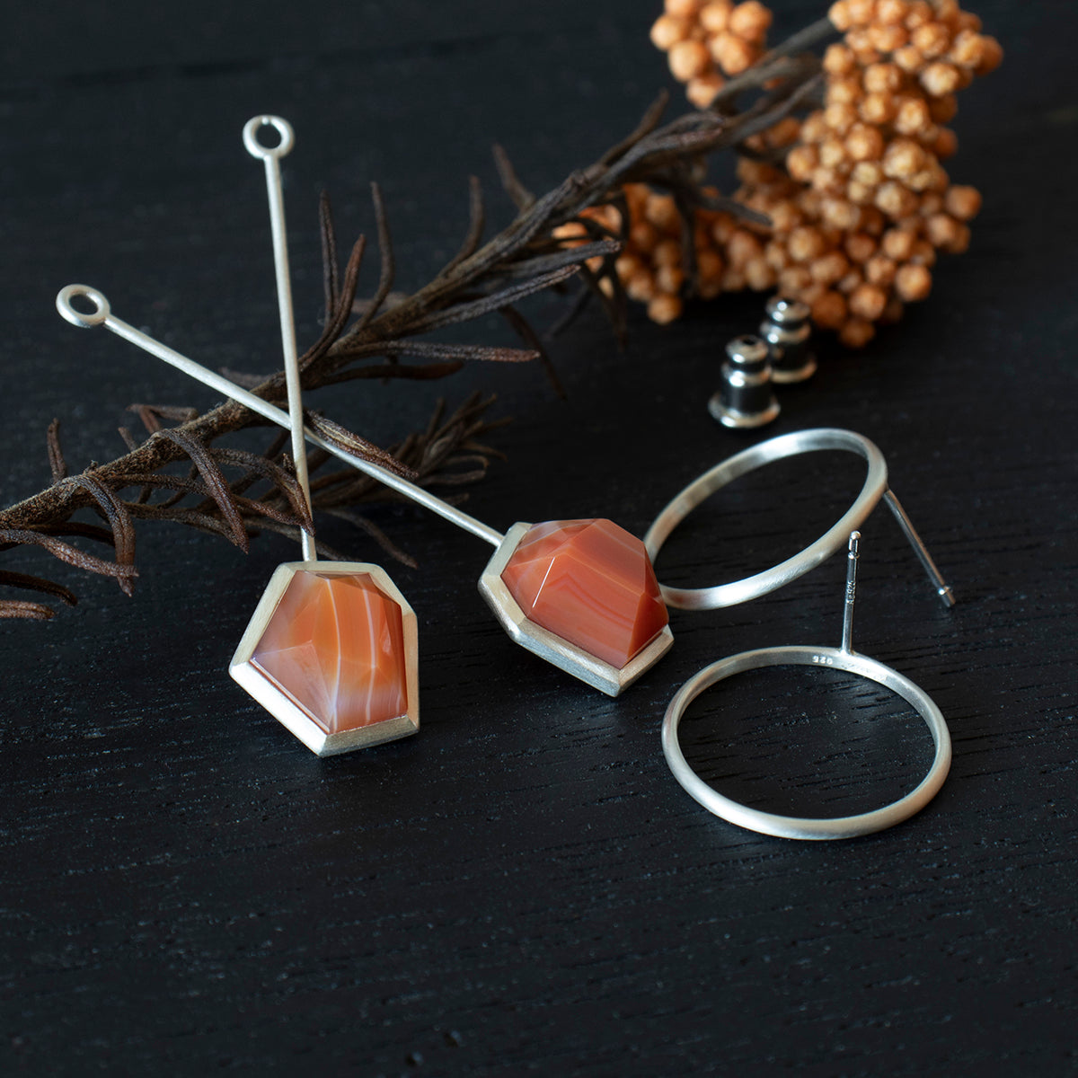 Striped agate Pierce /Silver matte _ Polygon #02