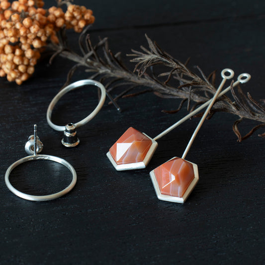 Striped agate Pierce /Silver matte _ Polygon #03