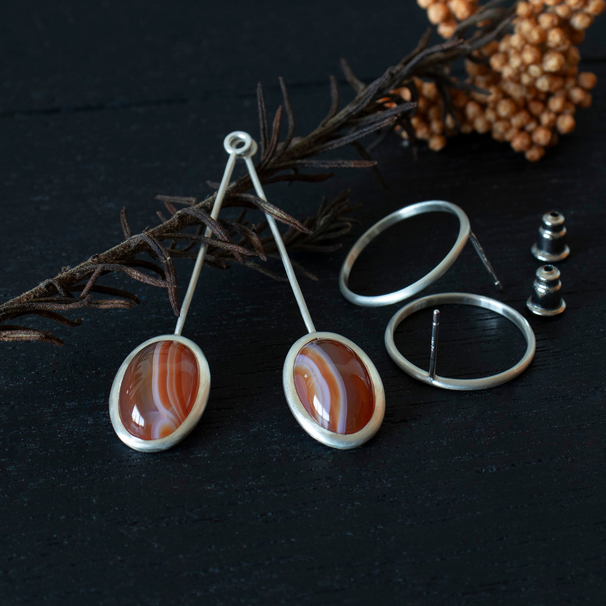 Striped agate Pierce /Silver matte _ Dome #01