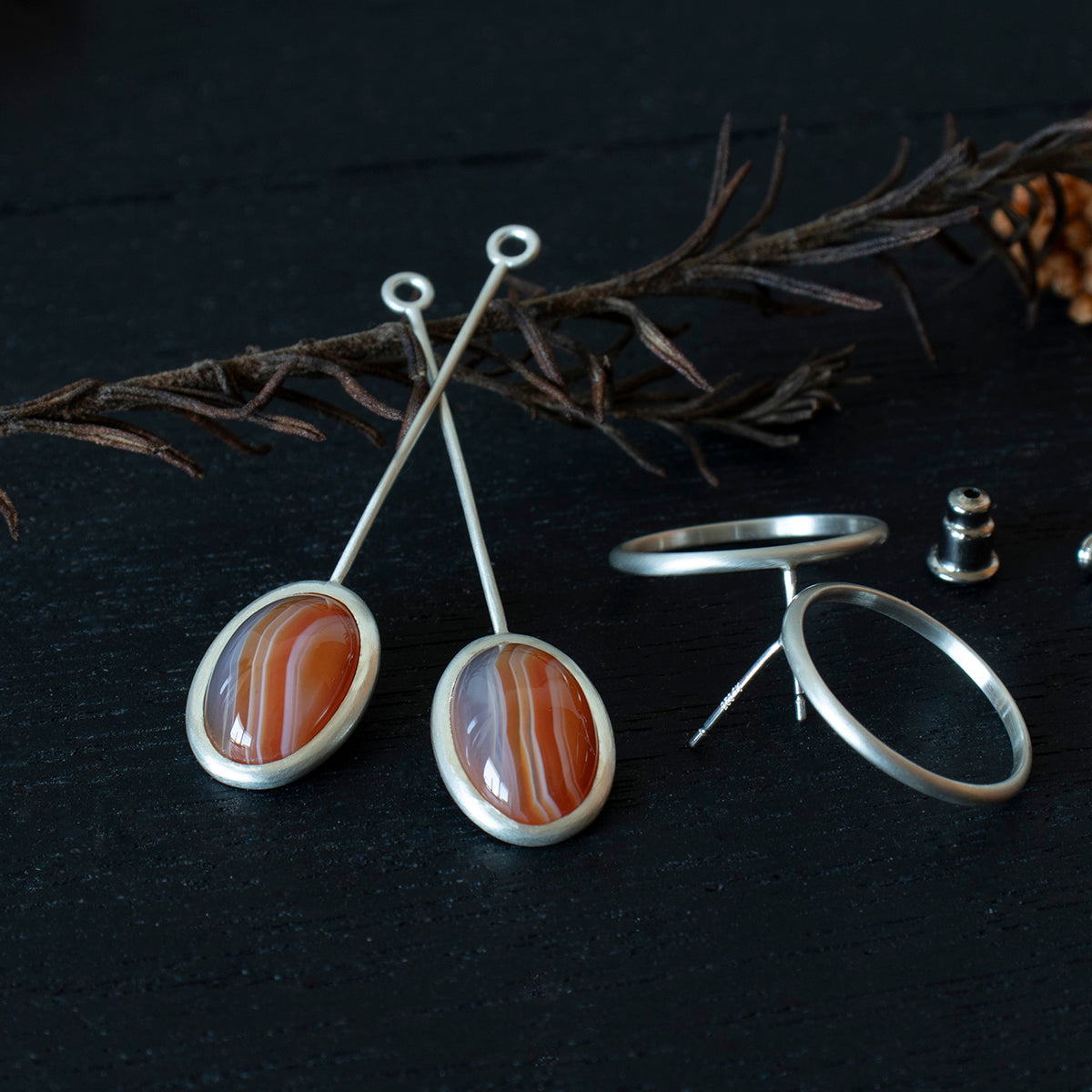 Striped agate Pierce /Silver matte _ Dome #02