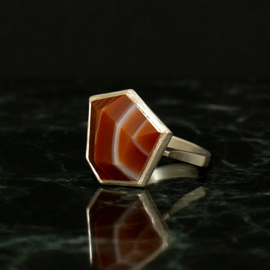 Striped agate Ring / Silver matte _ Polygon #01