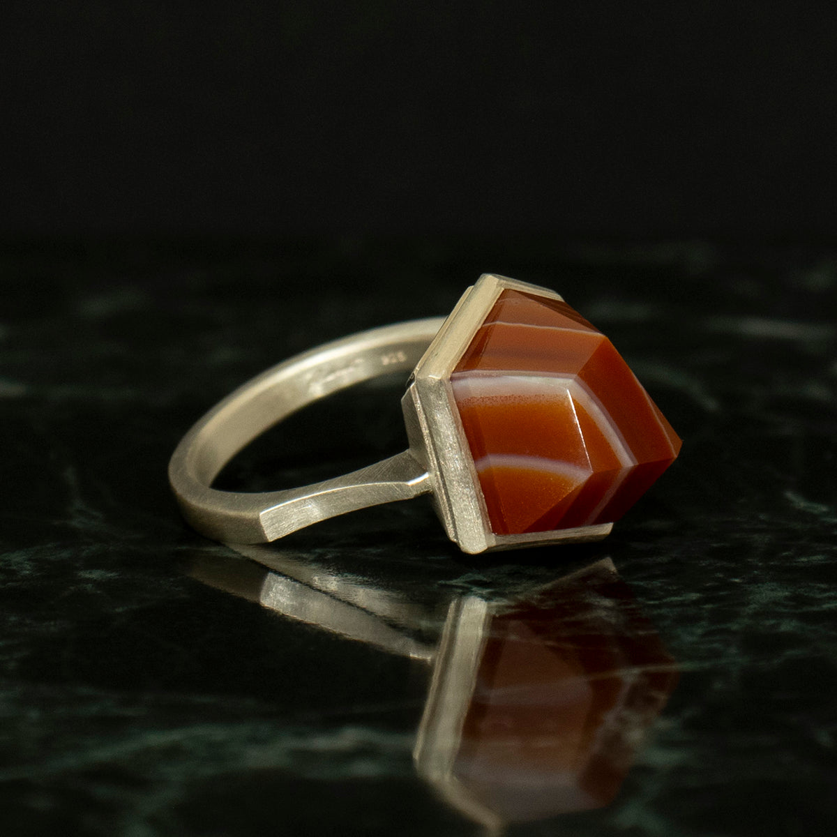 Striped agate Ring / Silver matte _ Polygon #01