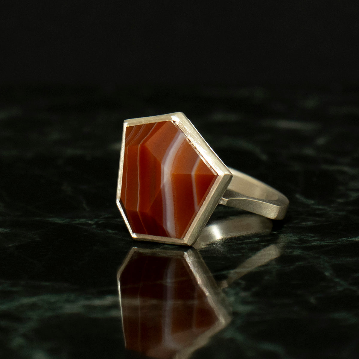 Striped agate Ring / Silver matte _ Polygon #02