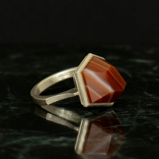 Striped agate Ring / Silver matte _ Polygon #02