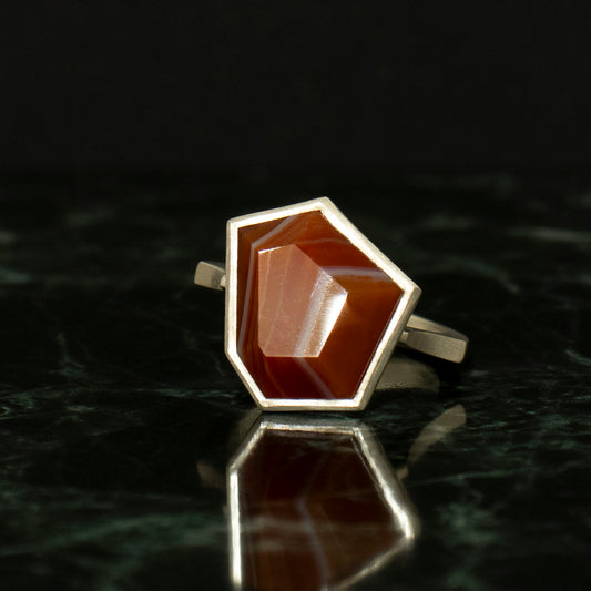 Striped agate Ring / Silver matte _ Polygon #03