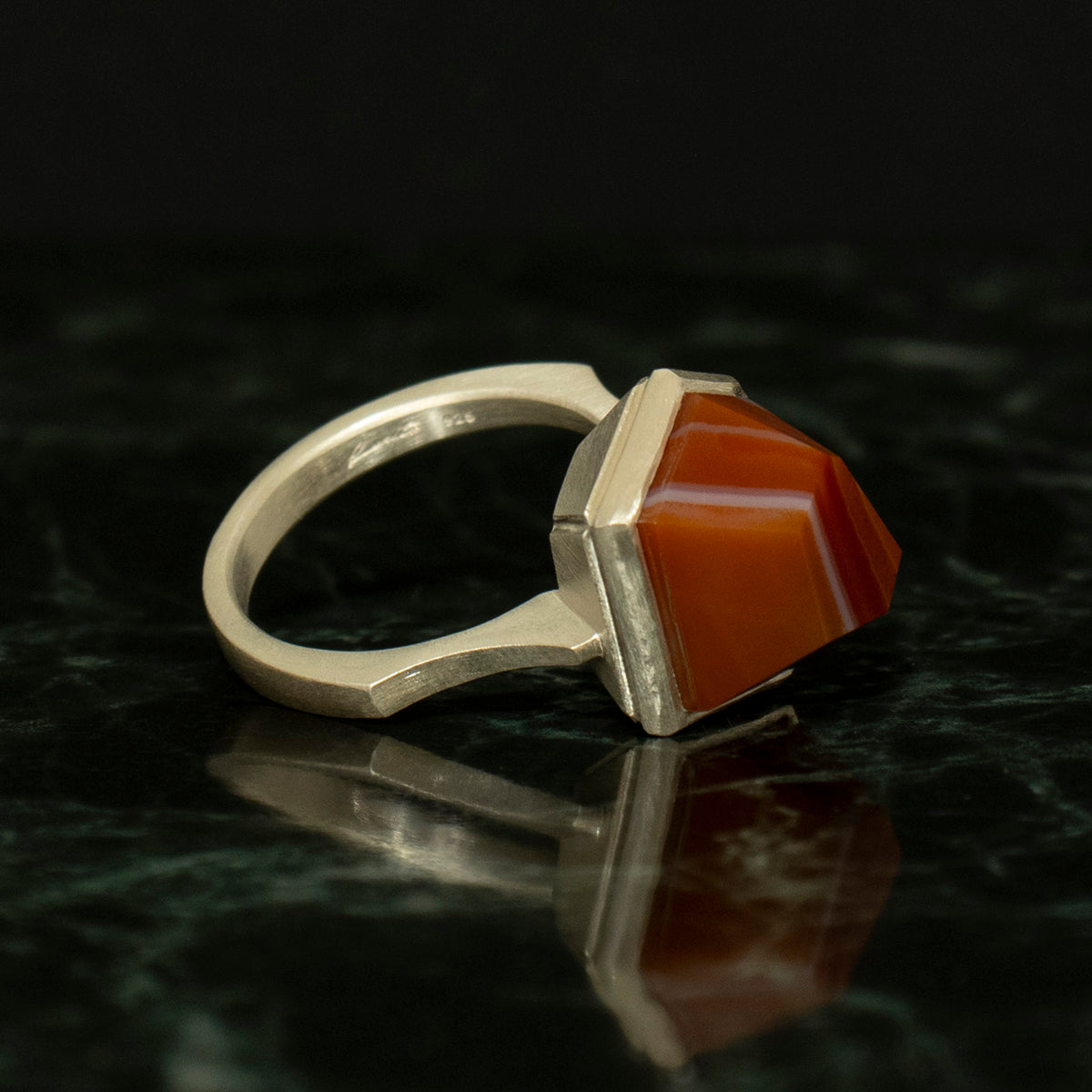 Striped agate Ring / Silver matte _ Polygon #03