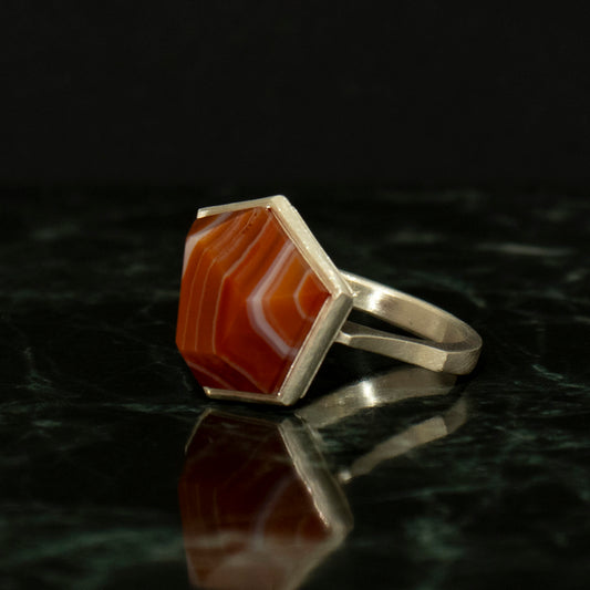 Striped agate Ring / Silver matte _ Polygon #04