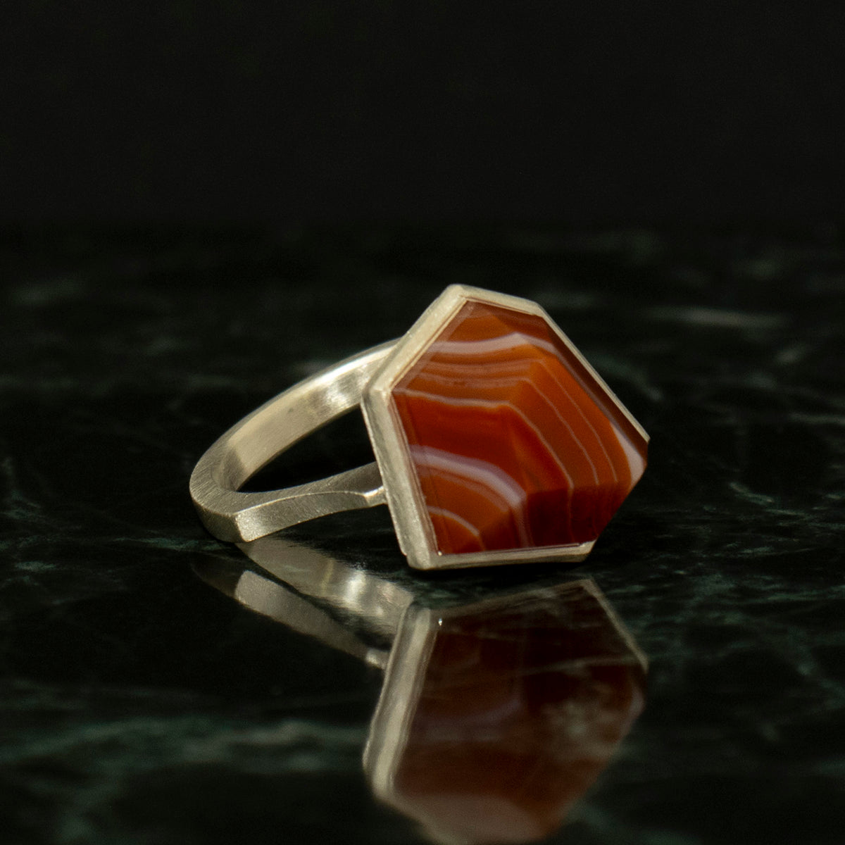 Striped agate Ring / Silver matte _ Polygon #04