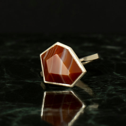 Striped agate Ring / Silver matte _ Polygon #05