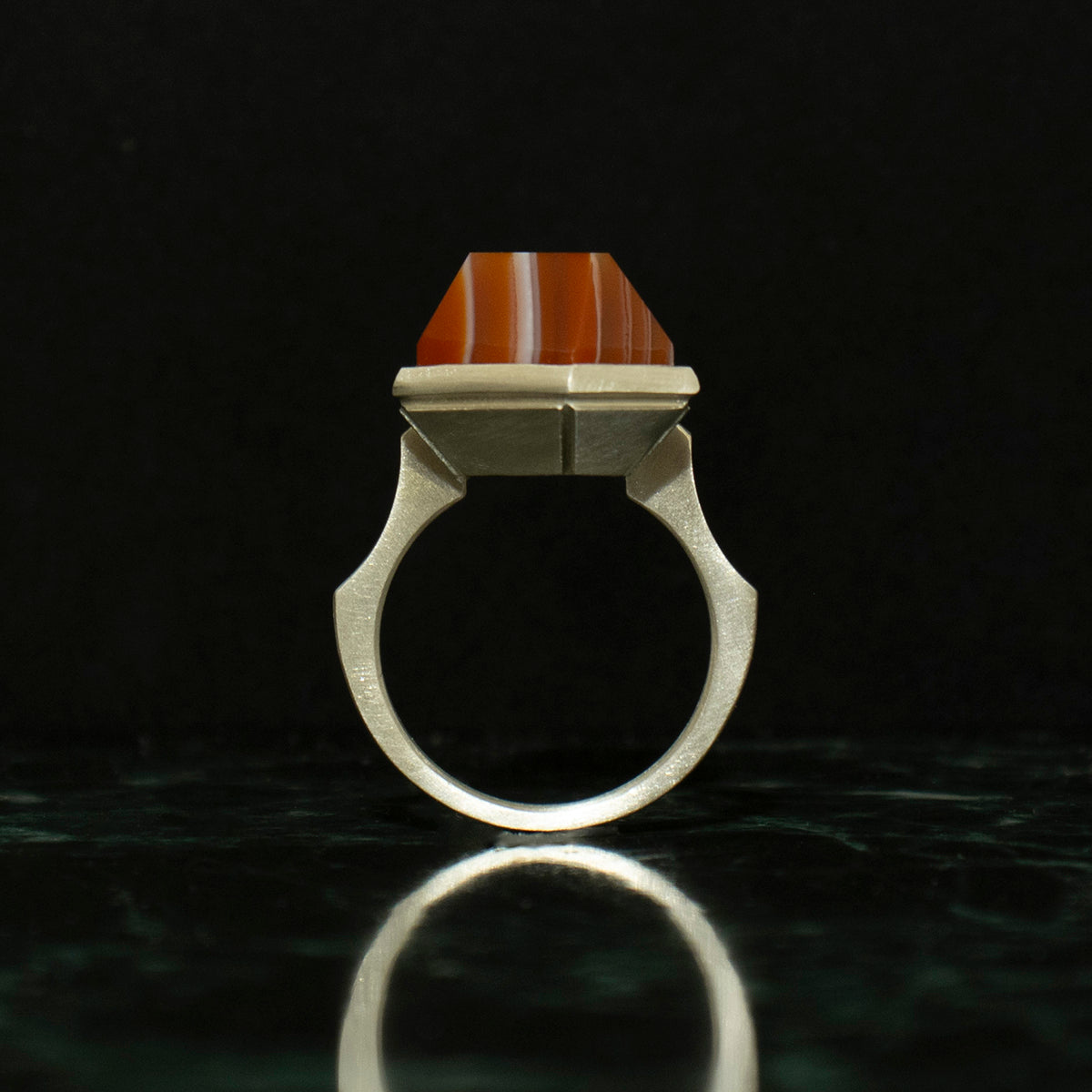 Striped agate Ring / Silver matte _ Polygon #04